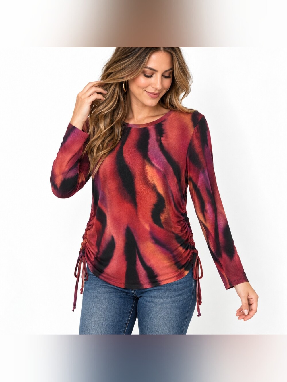 Liverpool Los Angeles XL Fire Opal Abstract Ruched Side Long Sleeve Top NWT Fall